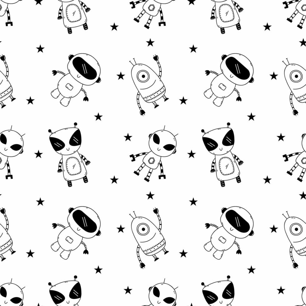 Seamless pattern for sewing children clothes. Cute robot in doodle style. Coloring book. Endless wallpaper in nursery. Background for printing on fabric and wrapping paper. vector