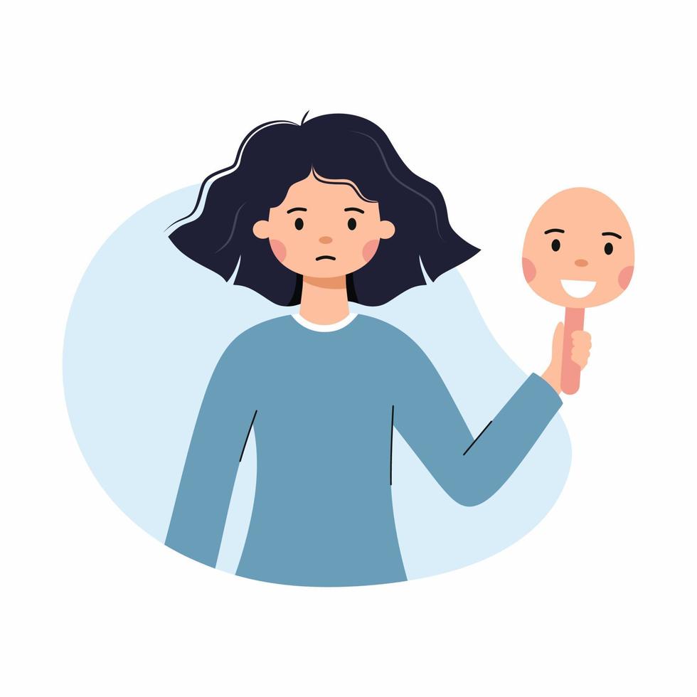 Sad woman holds cheerful mask in hand. Bipolar personality disorder. Psychological problems. Depression. vector