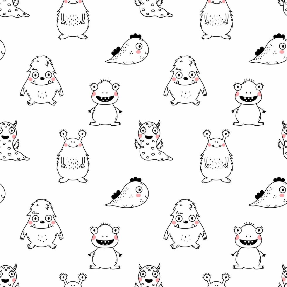 Seamless pattern with cute monster. Wallpaper in nursery. Background for printing on fabric and wrapping paper. Vector doodle illustration in hand drawn style.