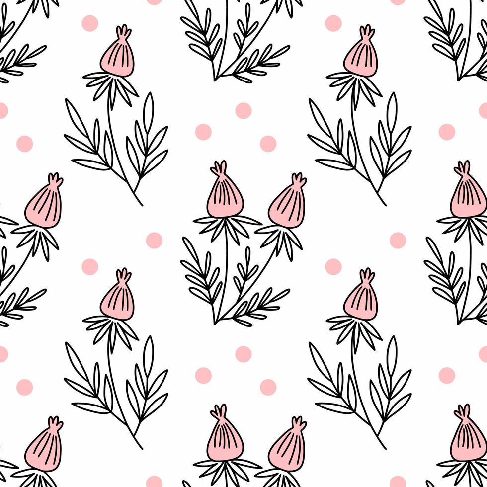 Seamless pattern for sewing clothes and printing on fabric. Floral ornament. Branches and grasses. Vector illustration in doodle style. Hand drawn drawing.