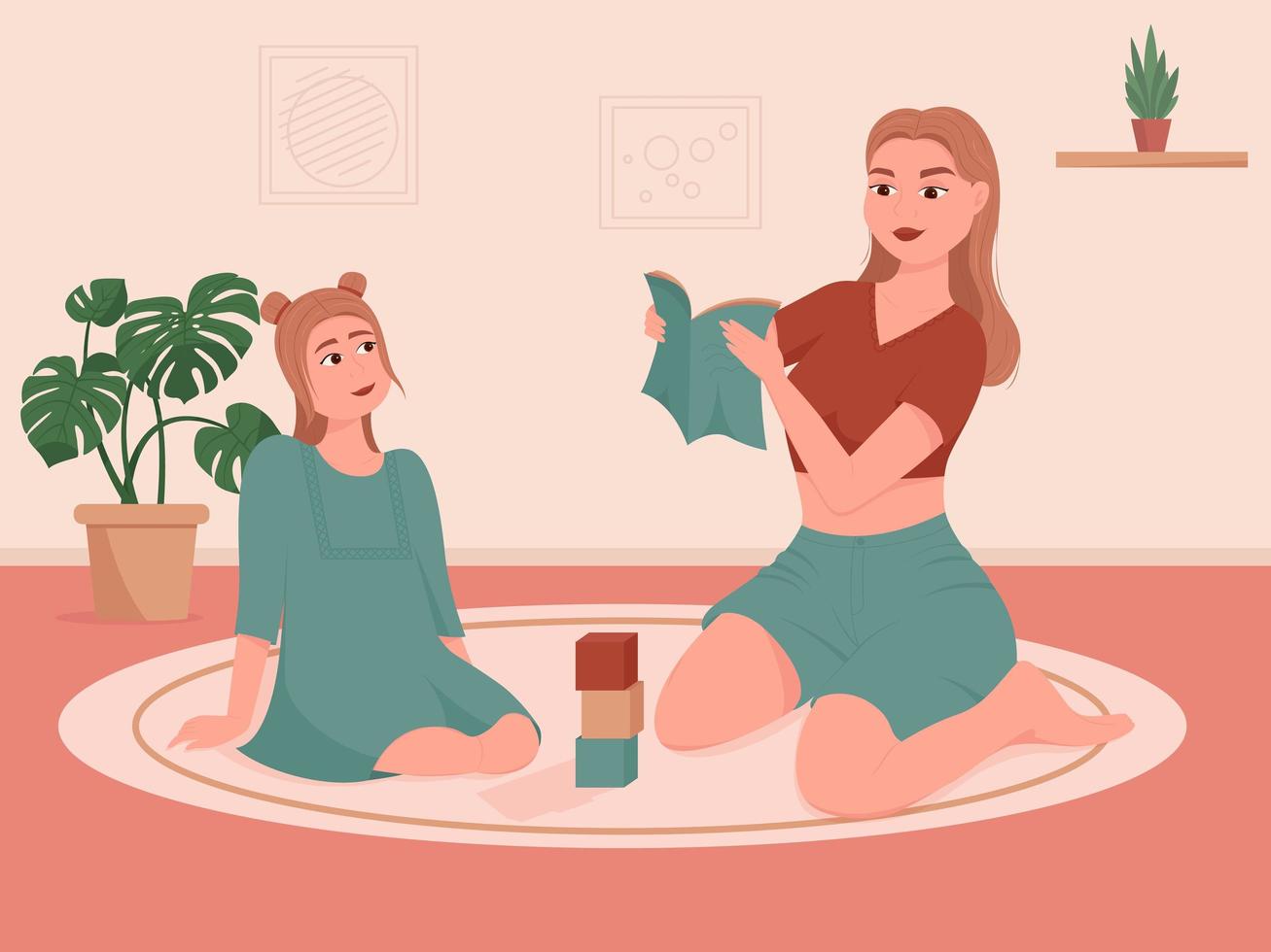 Mother reading an interesting book to her daughter. Mothers day, motherhood. Read more book concept vector