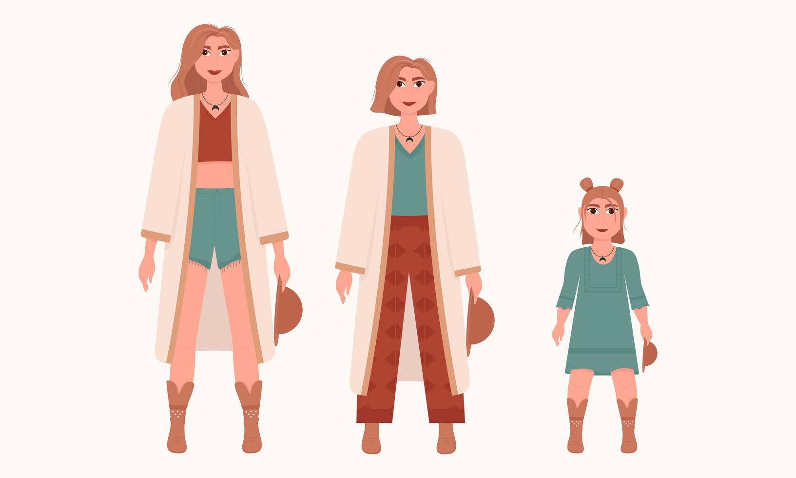 mujer de diferentes etapas de la vida. niño, adulto y anciano. traje de moda estilo boho. ropa de moda vector