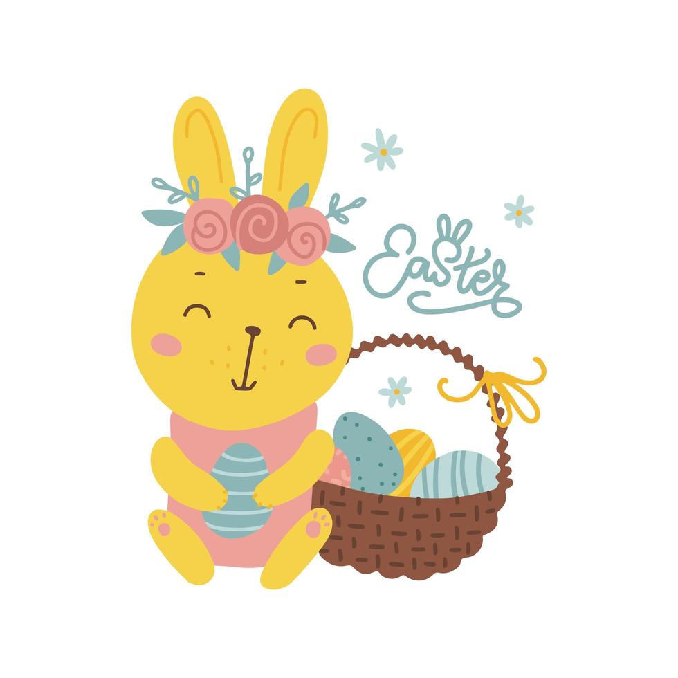 Easter Bunny with Easter Basket. Cute rabbit character with a flower wreath on his head holding her lucky find. Card or banner template with lettreing text. vector
