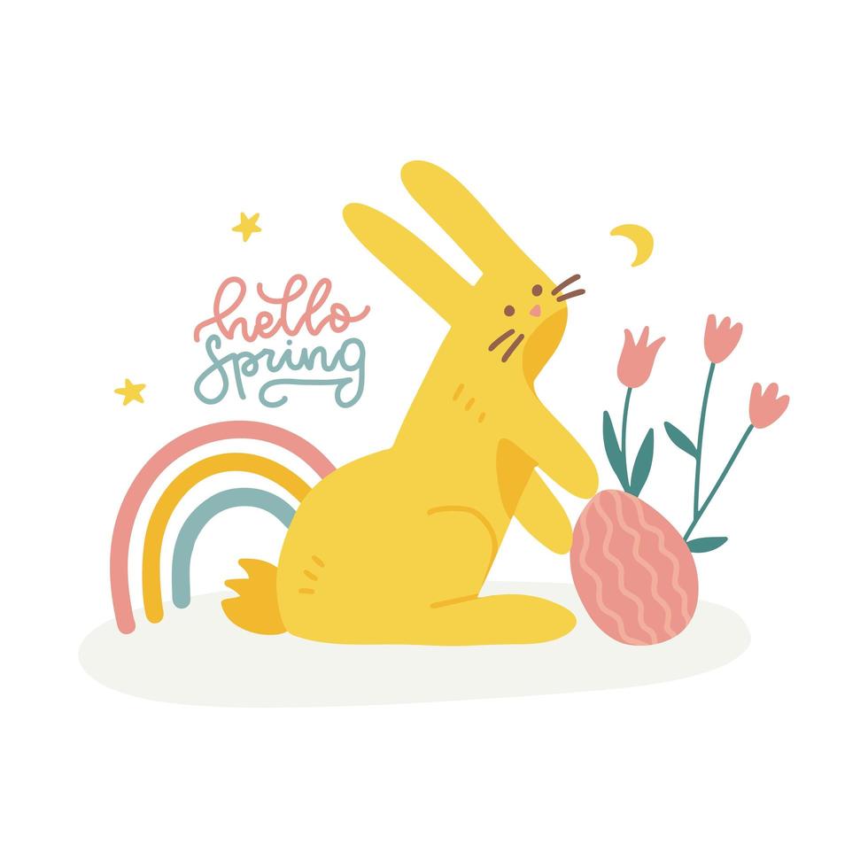 Hello Spring lettering card with bunny, raibow, flowers and egg. Cute flat hand drawn rabbit character for greeting card or holiday print. Spring floral vector composition