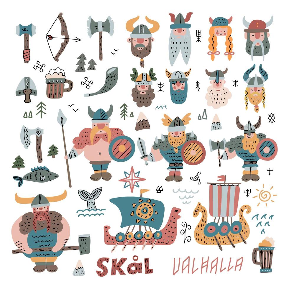 Big Set with many hand drawn vikings, faces, equipment and ships in flat cartoon style. Funny vector illustration for kids. Viking boat norway drakkar doodle icons with hand scandinavian lettering.