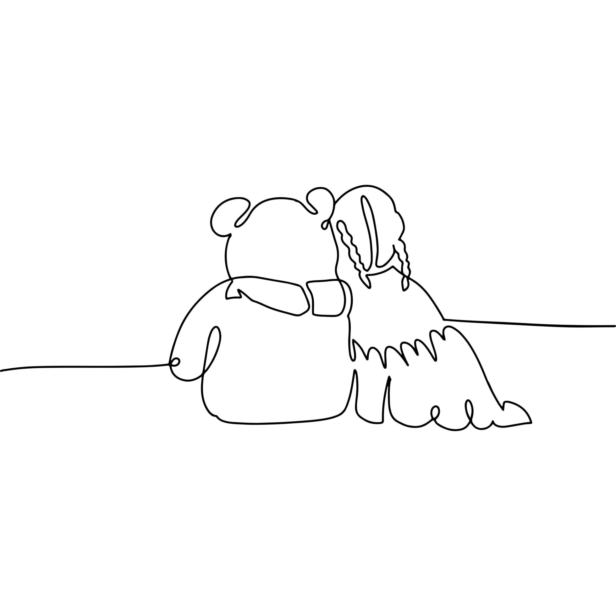 Single line drawing beautiful little girl hugging big teddy bear ...