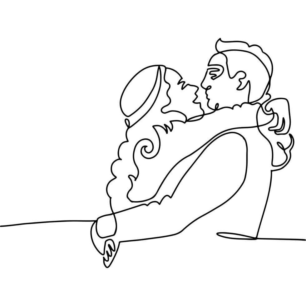 One line drawing of hugging couple - young woman and man. First kiss concept. Continuous one line drawing vector illustration.