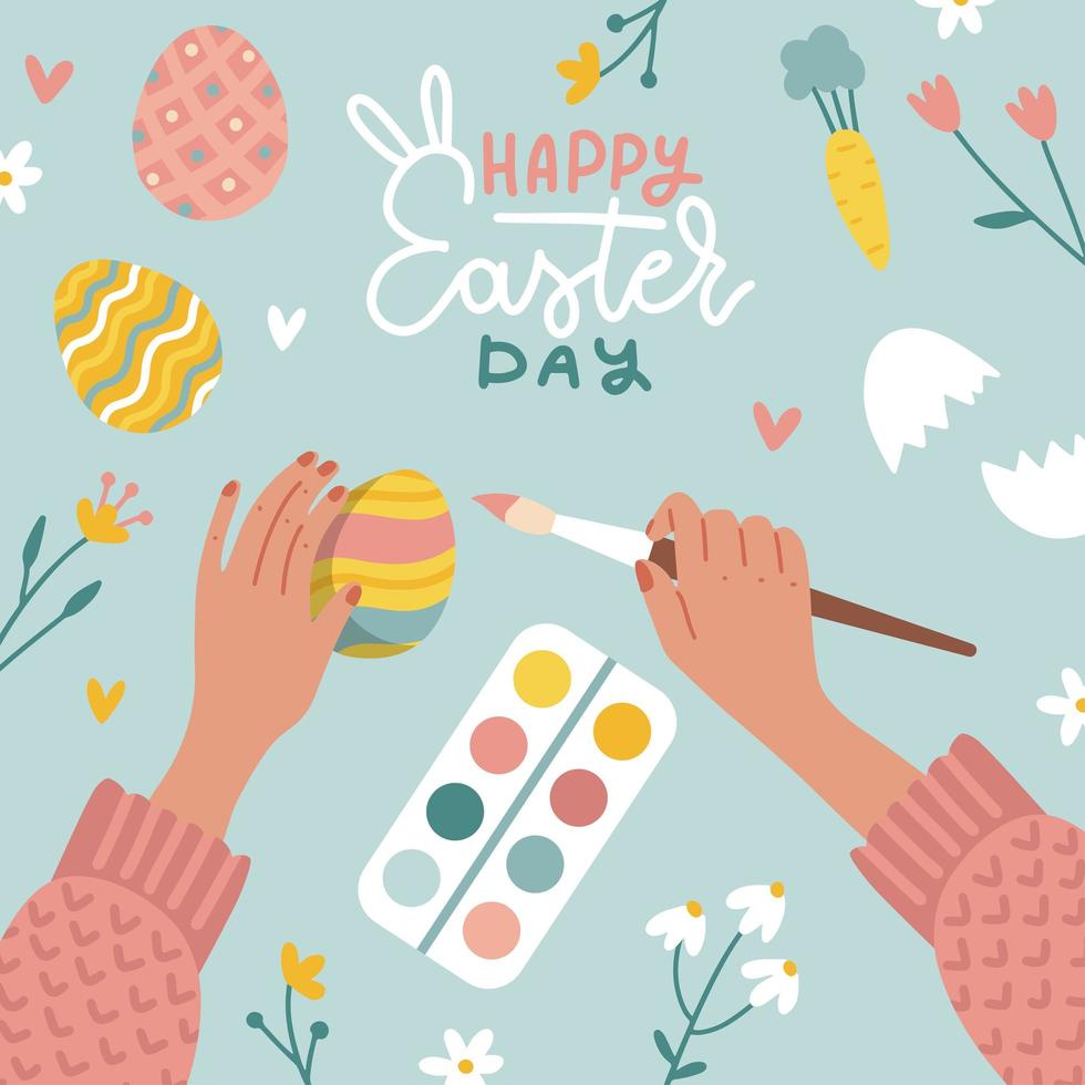 Female hands decorate eggs. Happy Easter theme. Happy woman coloring Easter eggs with a paint brush. Holiday flat hand drawn vector illustration for greeting cards, posters, banners.