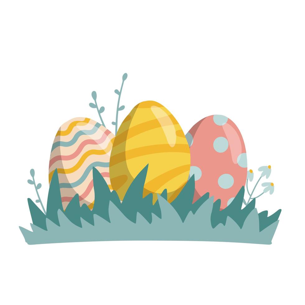 Happy Easter composition. Tree Easter eggs with different texture on the grass. Bright eggs on a glade. Flat vector hand drawn illustration.