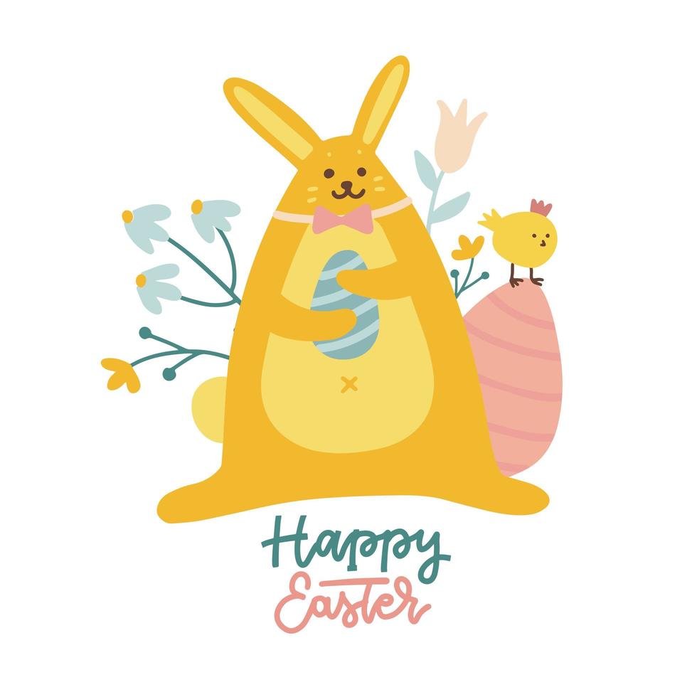 Cute easter rabbit and small chick. Happy rabbit holding egg with funny yellow chicken. Funny bird and sweet animal. Cartoon character, hand drawn flat vector illustration