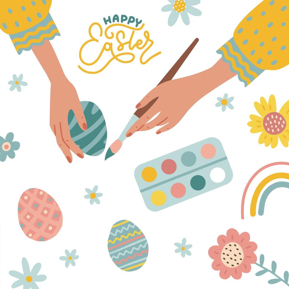 Felices tarjetas de felicitación de Pascua. las manos femeninas pintan y decoran huevos con pinturas. concepto de vista superior ilustración de vector de moda de color dibujado a mano con letras