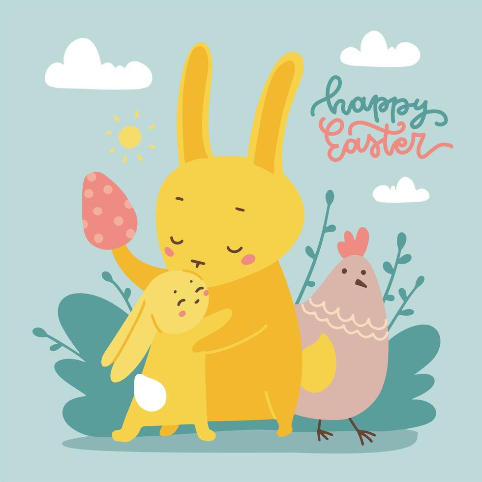 Yellow baby bunny and adult rabbit kissing, hugging. Card template for easter or baby shower card. Hand drawn line art vector illustration with linear hand drawn lettering text.