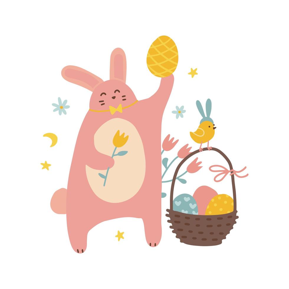 Rabbit holdingess, yellow chicken wearing easter bunny ear, basket with eggs, polka dot egg. Concept of happy Easter symbols in flat hand drawn vector style