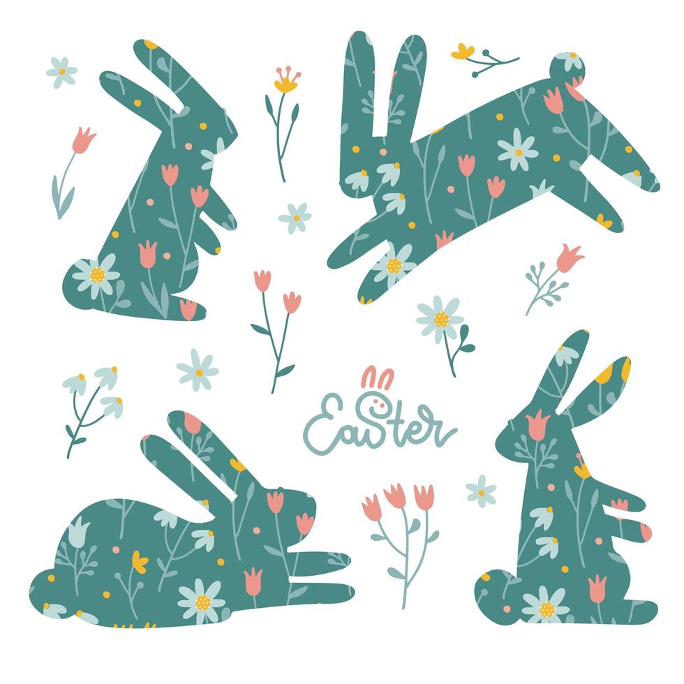 Easter folk patterned rabbits set. Organic hand drawn field flowers and leaves. Easter bunny silhouetees collection. Flat vector hand drawn illustration.
