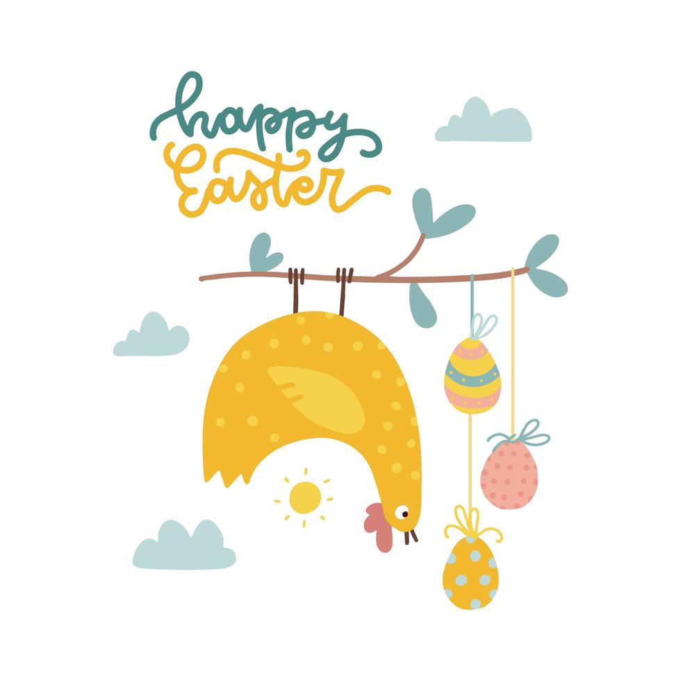 Spring holiday greeting card - Hanging easter chicken and colord eggs on terr branch. Funny Vector flat hand drawn illustration with linear lettering.