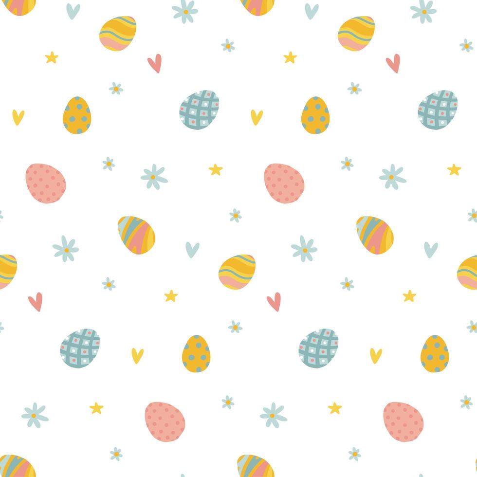 Floral festive seamless pattern with easter eggs, spring meadow flowers. Cute spring Happy Easter background, paper, textile, covers, banner . Vector flat hand drawn illustration.