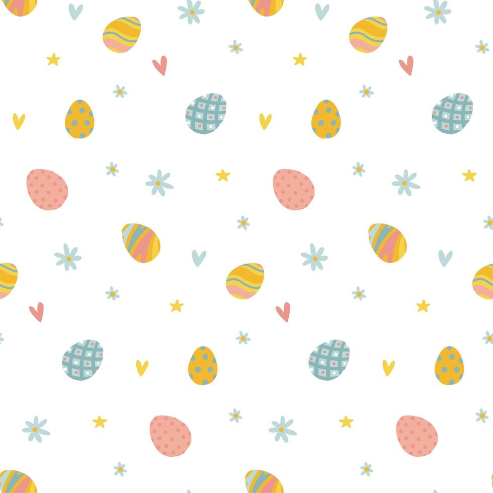 patrón floral festivo sin costuras con huevos de pascua, flores de pradera de primavera. linda primavera feliz fondo de pascua, papel, textil, cubiertas, pancarta. ilustración dibujada a mano plana vectorial. vector