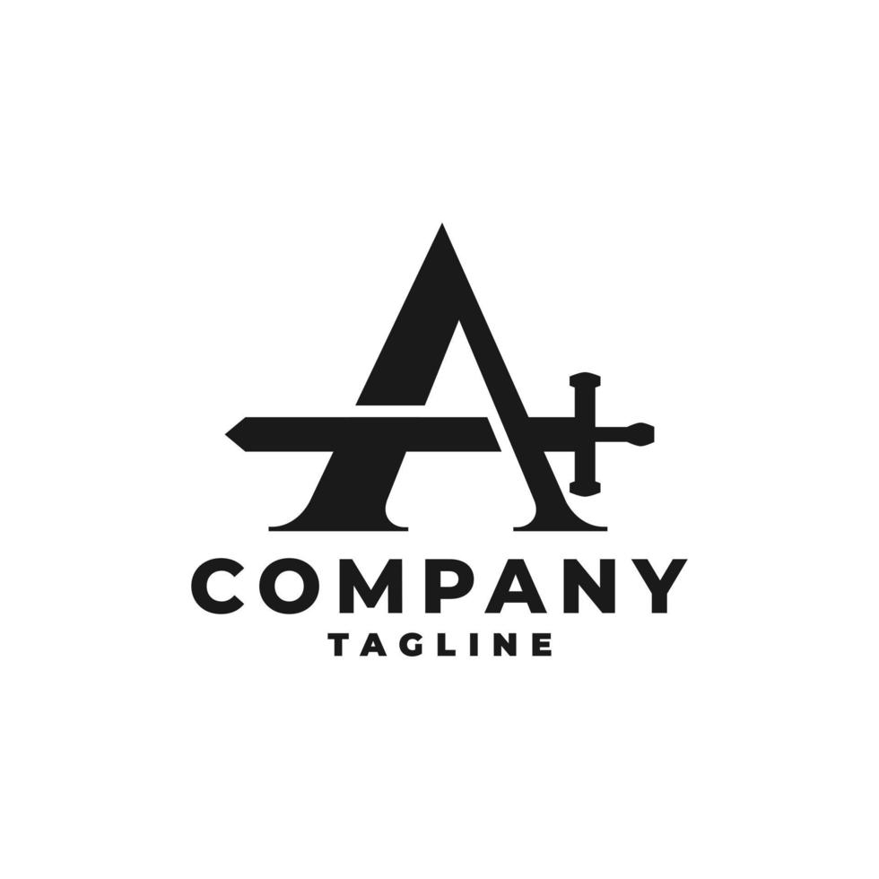 letter A with a silhouette of the sword. medieval logo theme. vector