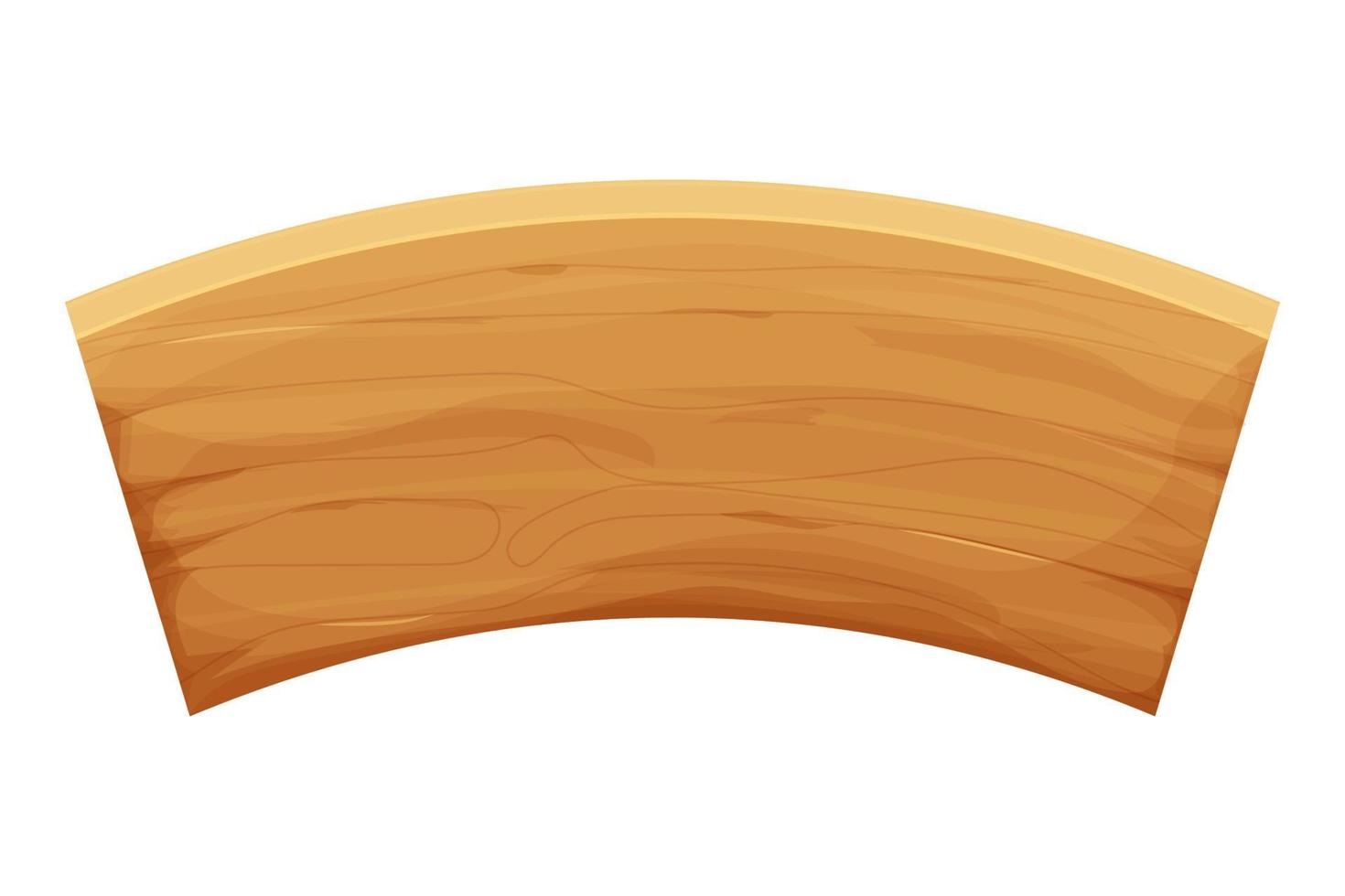 banner de madera, tablón curvo en estilo de dibujos animados, vacío, plantilla de menú aislada en la ilustración de vector de stock de fondo blanco. diseño de activos de interfaz de usuario, objeto gráfico texturizado y detallado. . ilustración vectorial de stock