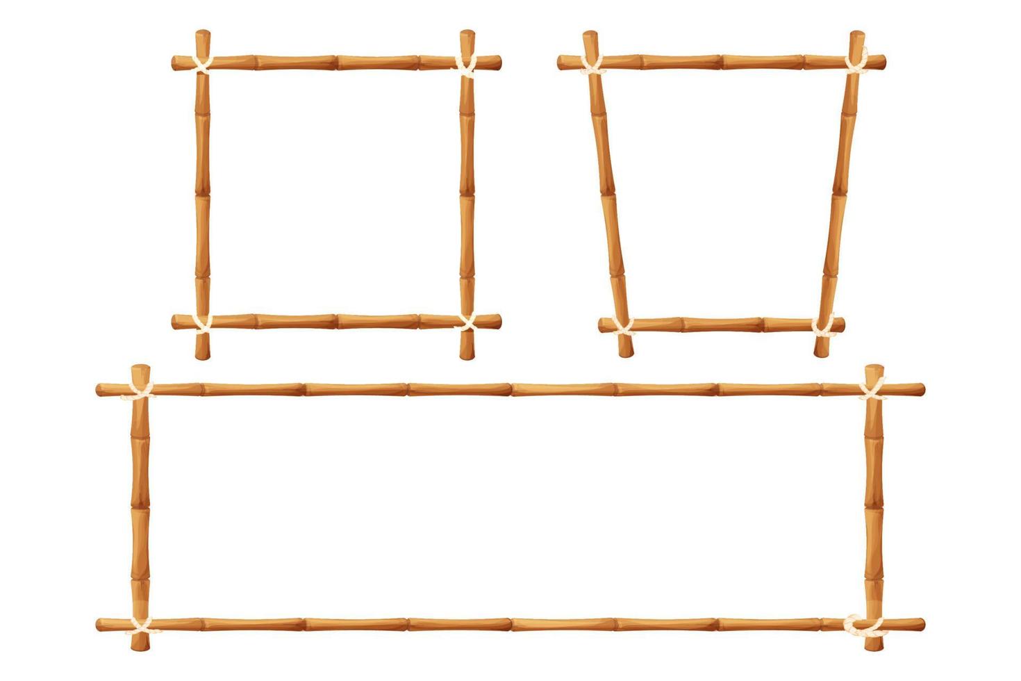 Set of bamboo frames in cartoon style isolated on white background. Empty banner, border from natural wood, sticks with rope stock vector illustration. Vector illustration