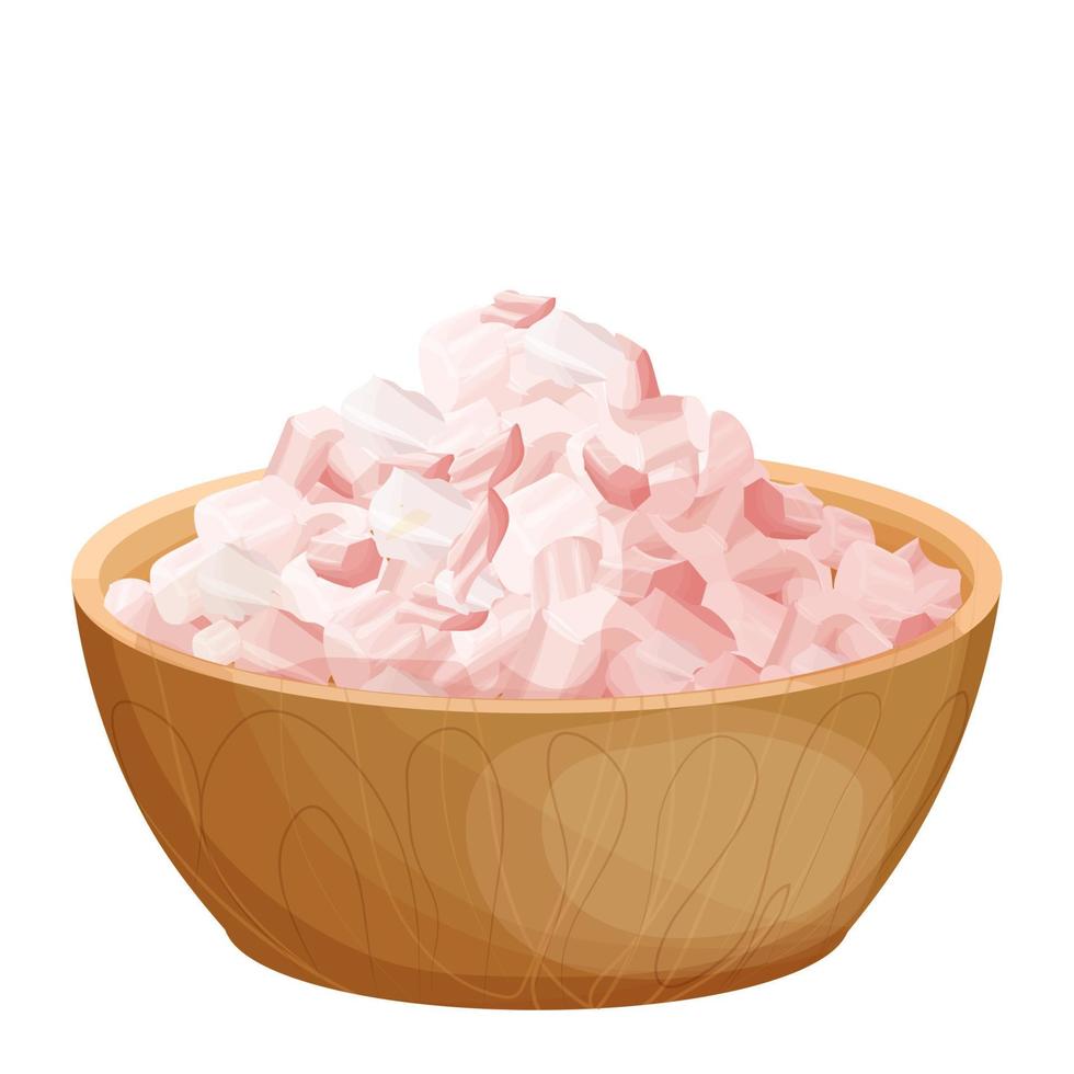 Himalayan pink salt pile, grain mineral spice in wooden bowl in cartoon style isolated on white background. Organic, natural ingredient. Vector illustration