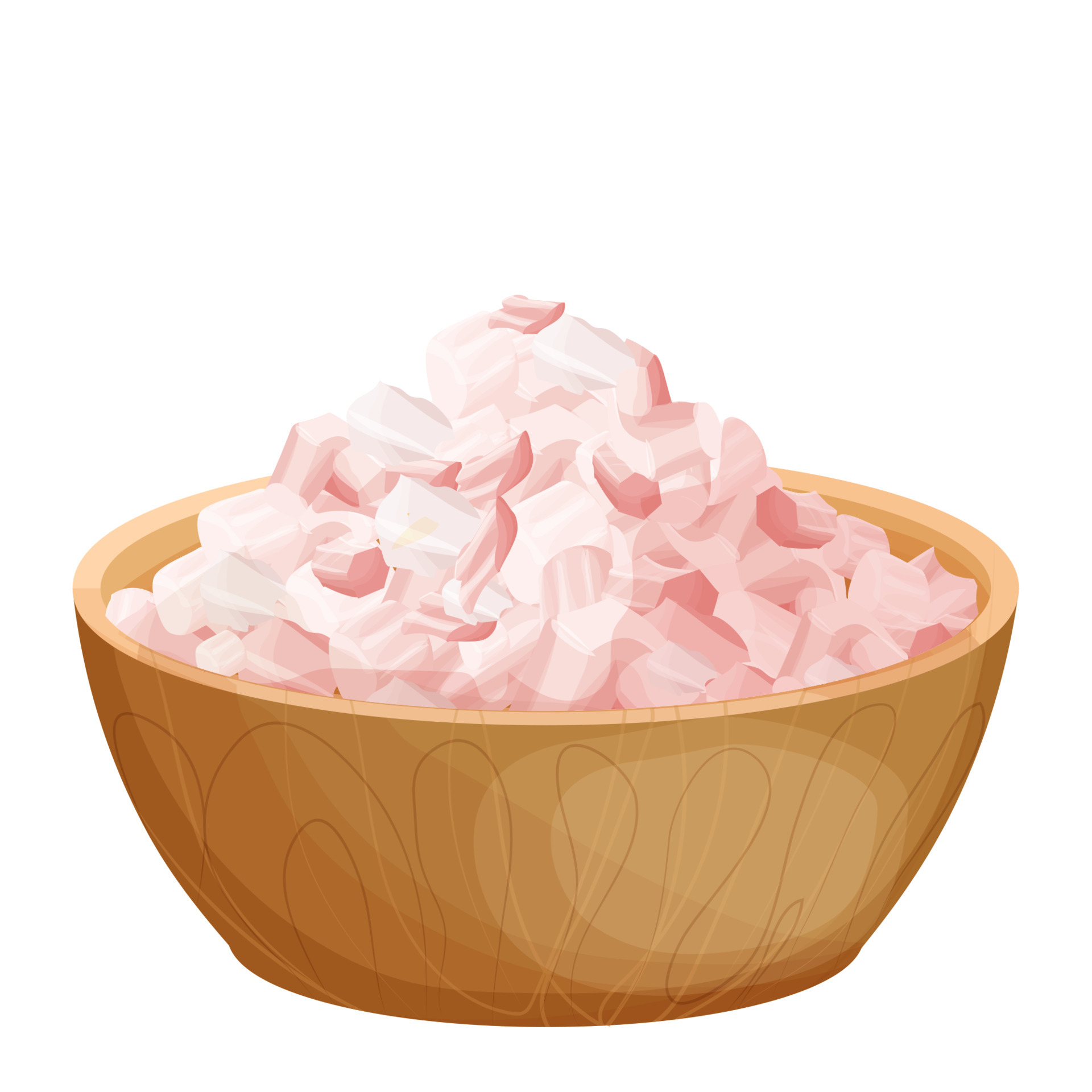 Himalayan pink salt pile, grain mineral spice in wooden bowl in cartoon