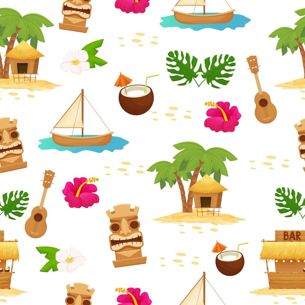 Bright summer Hawaiian seamless pattern. Exotic, holiday elements, vacation objects. Editable fabric, trendy. Tiki mask and torch, palm and exotic flower. Vector illustration