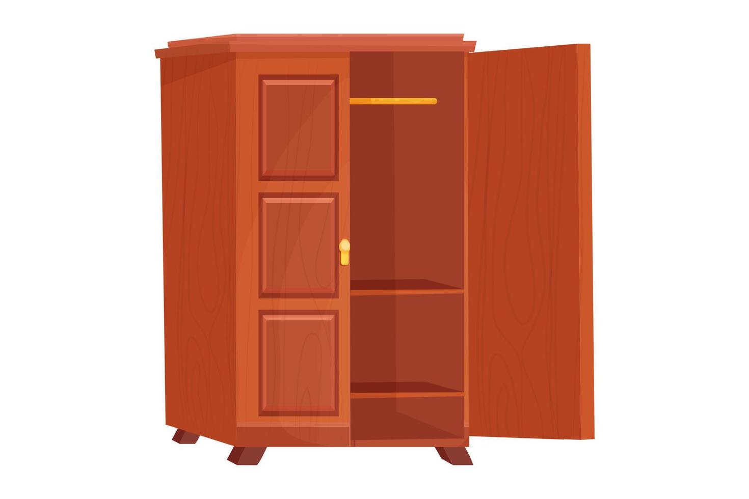 Wooden wardrobe empty furniture with shelf in cartoon style isolated on white background. Cupboard, drawer interior object. Vector illustration