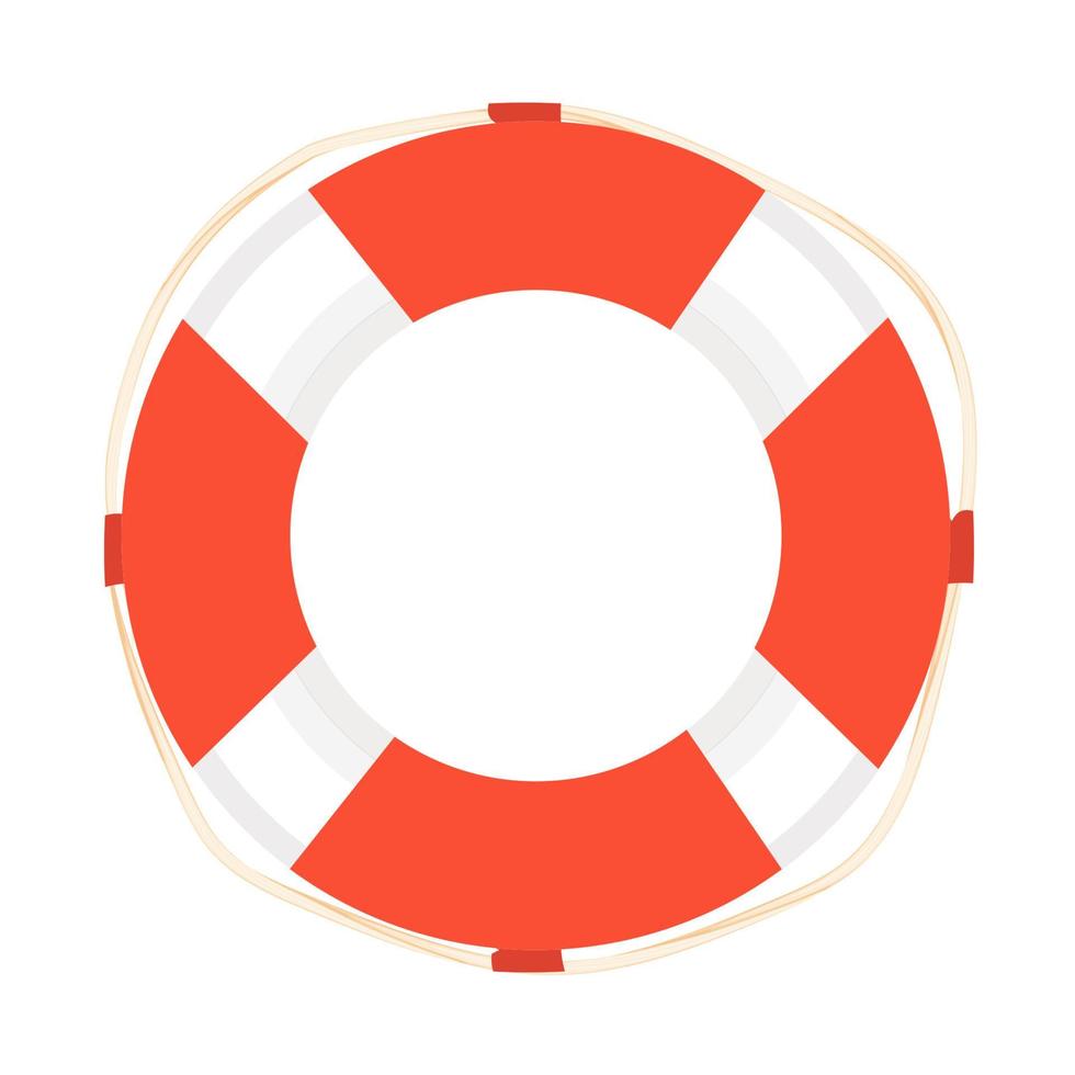 Lifebuoy, lifesaver with rope in red and white color in cartoon style isolated on white background. Life saving at sea. Rescue circle for summer vacation, water security. Vector illustration