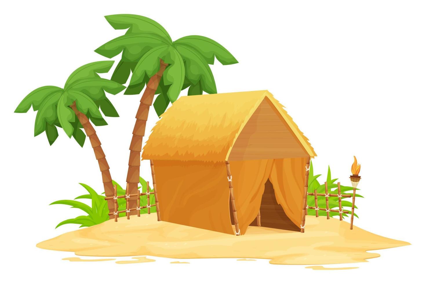 Beach bungalow, tiki hut with straw roof, bamboo and wooden details on sand in cartoon style isolated on white background. Fantasy building with palm trees, torch. Travel concept. Vector illustration