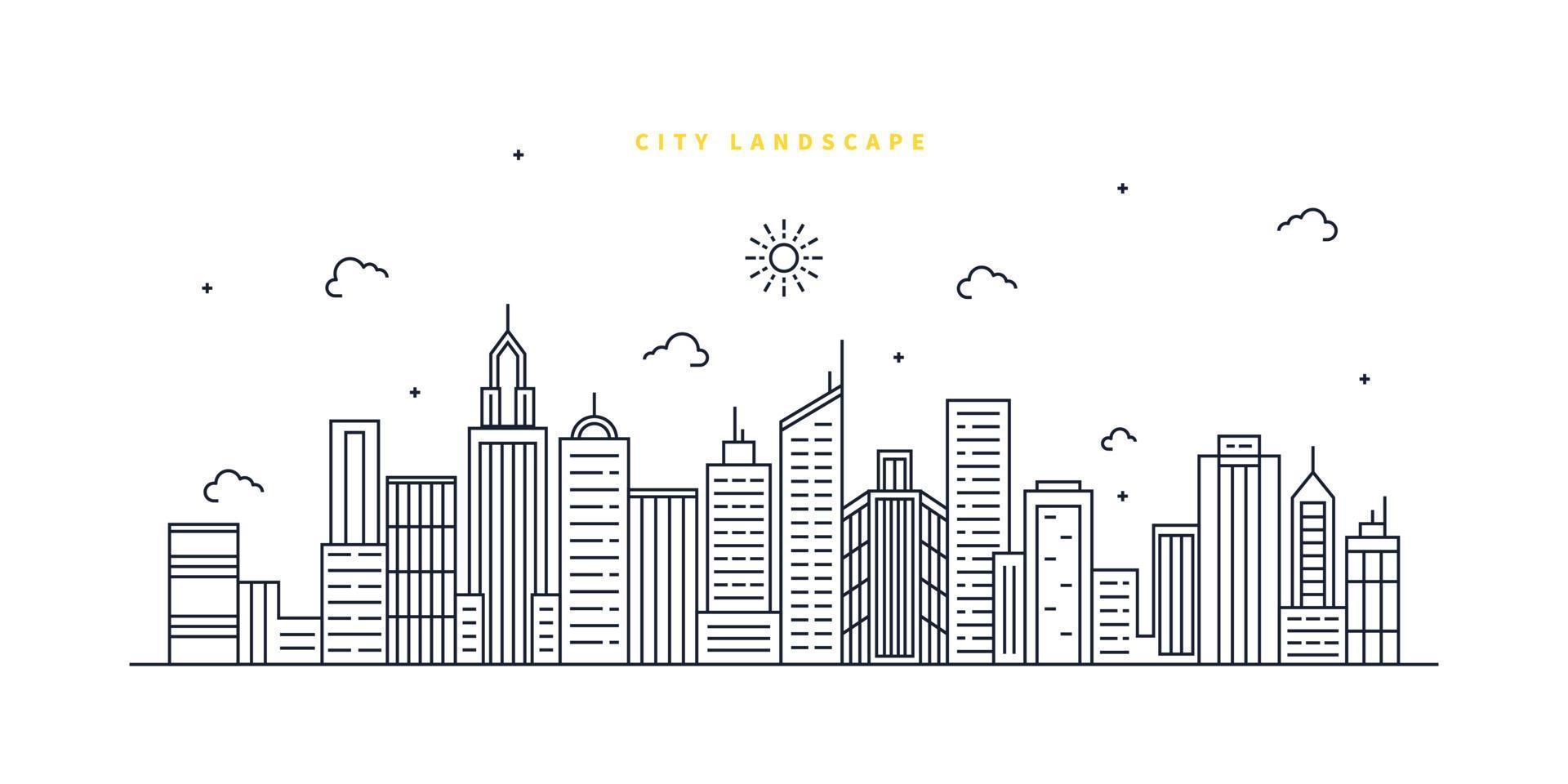 Cityscape. Modern flat line landscape vector. City landscape line art illustration with building, tower, skyscrapers. Vector illustration.