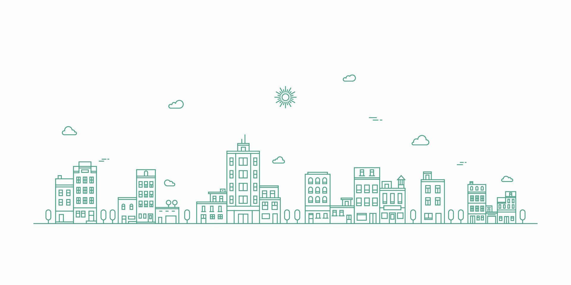 Cityscape line art illustration. Urban landscape in monochrome line art style. Vector illustration.