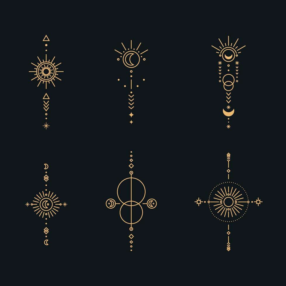 Set of moon and sun line art. Minimal boho linear symbols. Celestial mystic element. Vector line art illustration.