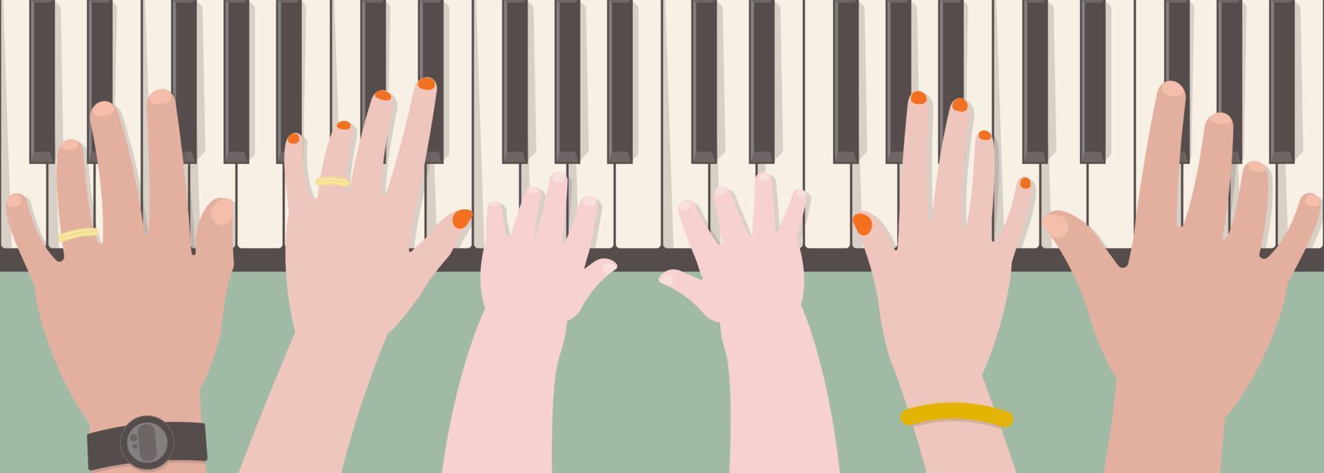 Hands of family members playing piano vector