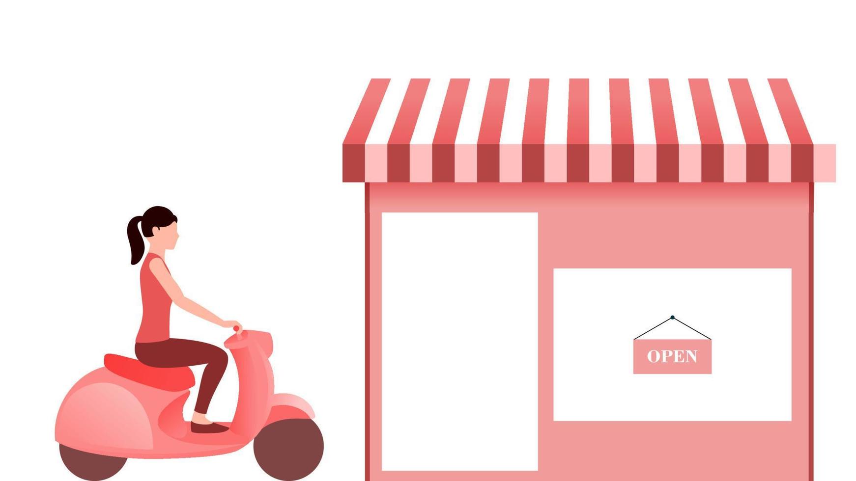 Woman with scooter at pickup store. delivery business vector illustration on white background.
