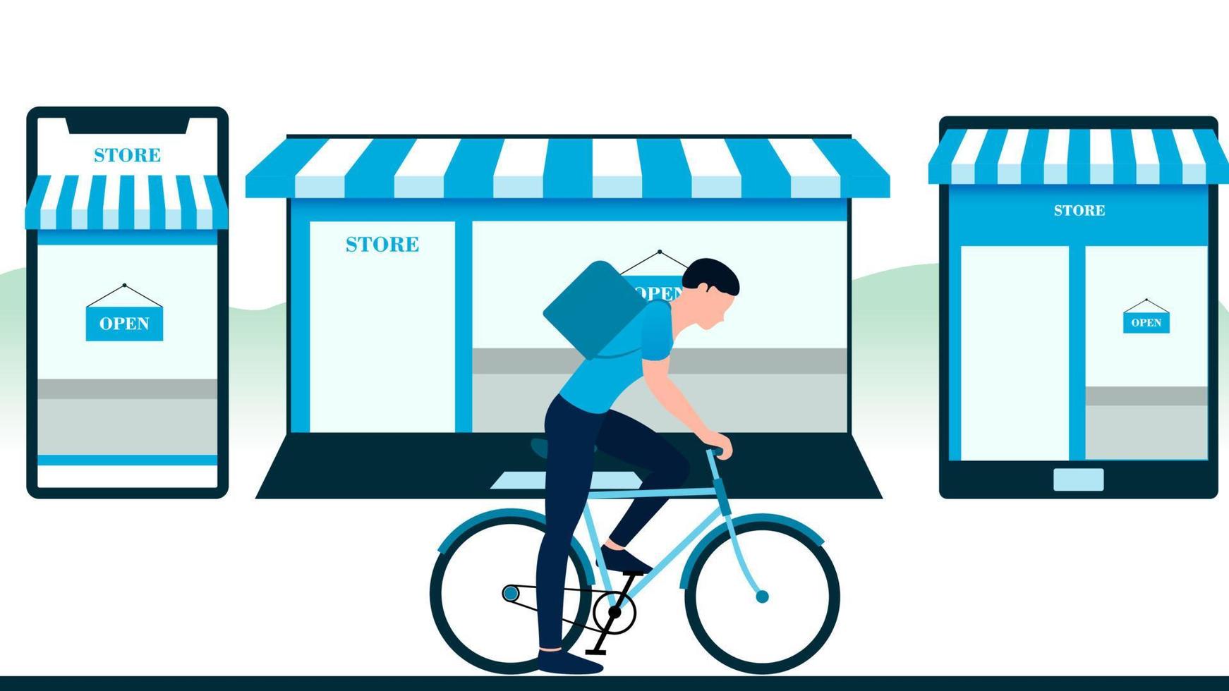 man with bicycle, store  created in objects like laptop mobile and tablet. delivery business vector illustration on white background.