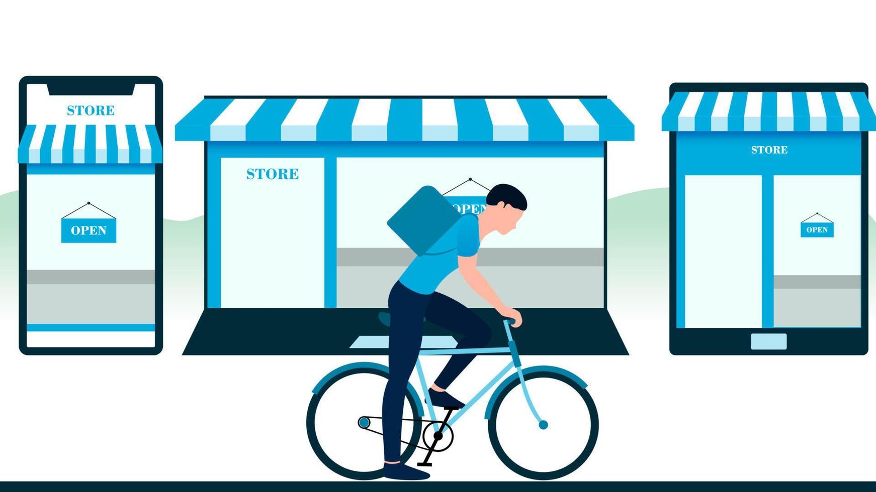 hombre con bicicleta, tienda creada en objetos como laptop móvil y tablet. Ilustración de vector de negocio de entrega sobre fondo blanco.