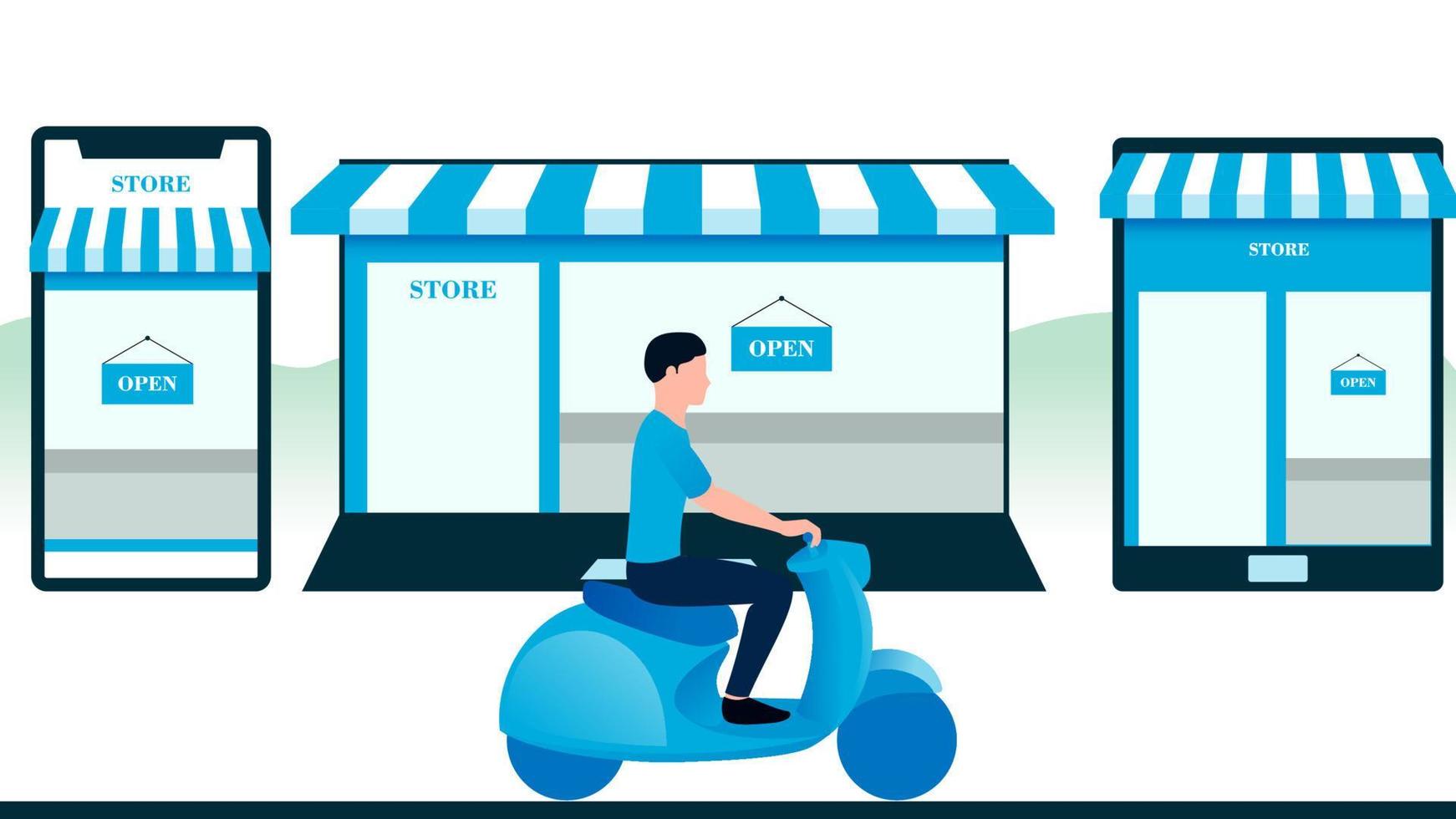 hombre con scooter, tienda creada en objetos como laptop móvil y tablet. Ilustración de vector de negocio de entrega sobre fondo blanco.