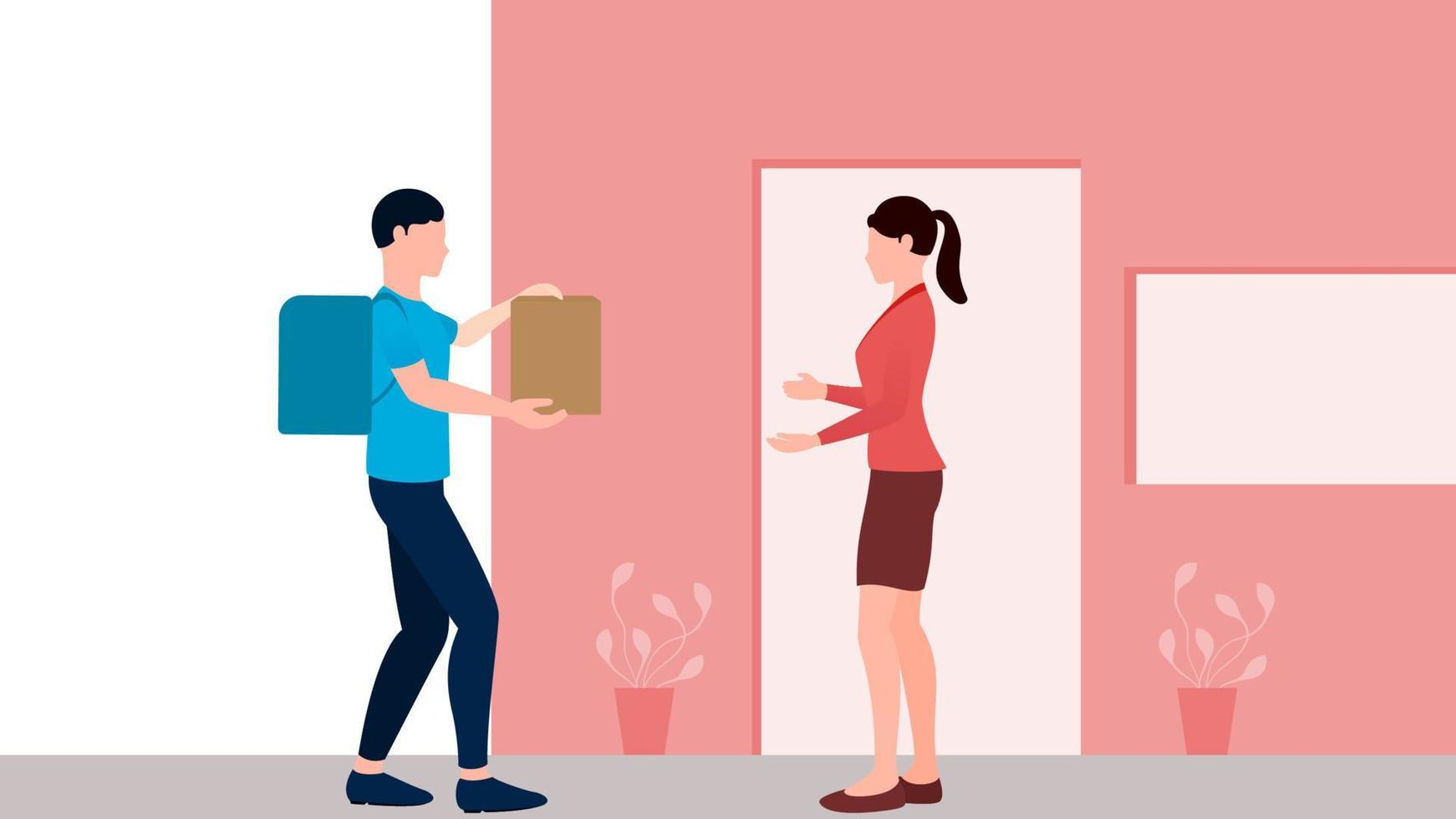 men delivering package to customer, delivery business vector illustration on white background.