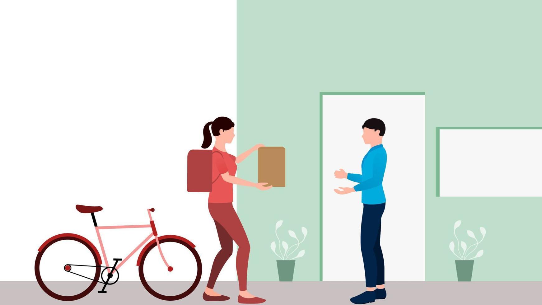 Woman delivering package to customer with bicycle, delivery business vector illustration on white background.