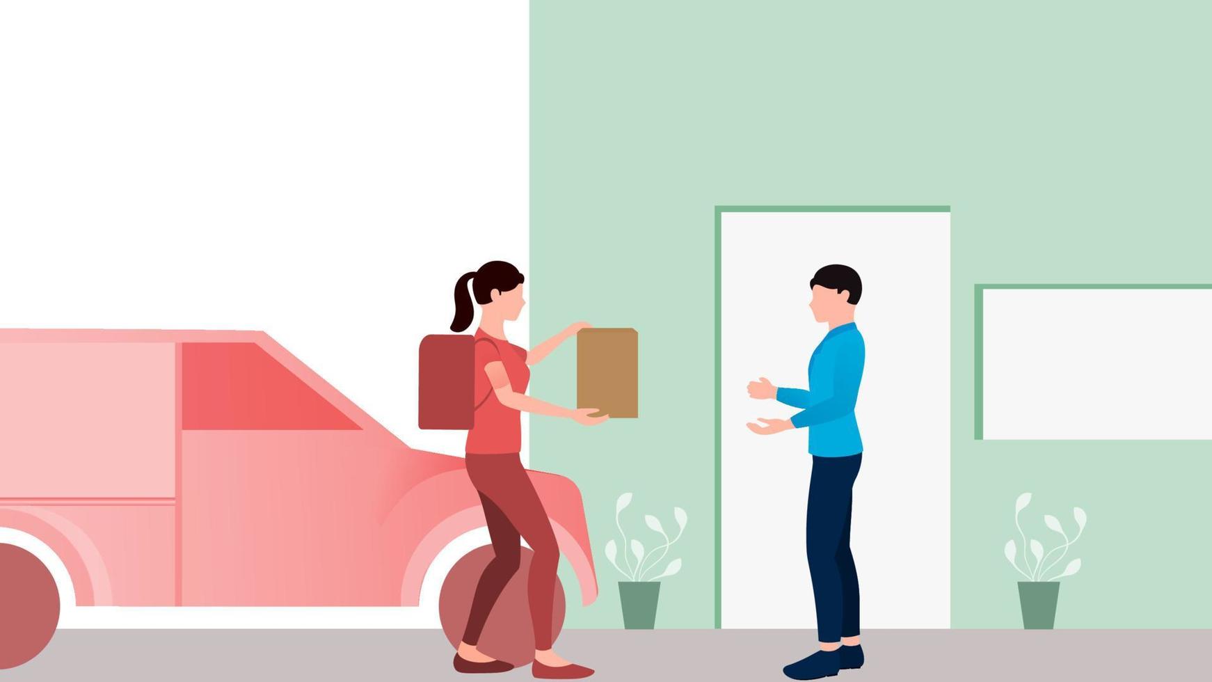 Woman delivering package to customer with delivery van, delivery business vector illustration on white background.