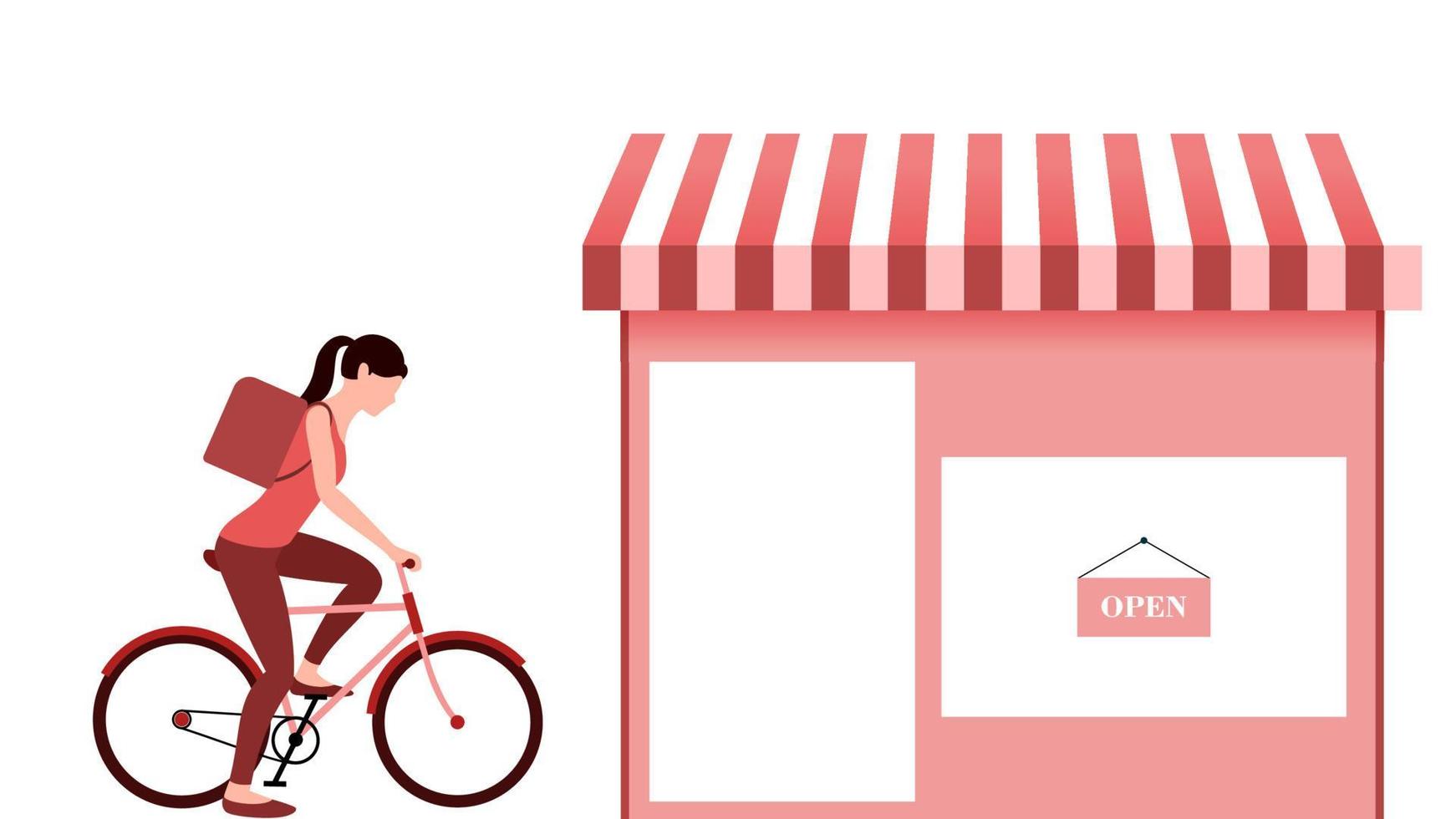 mujer con bicicleta en la tienda de recogida. Ilustración de vector de negocio de entrega sobre fondo blanco.