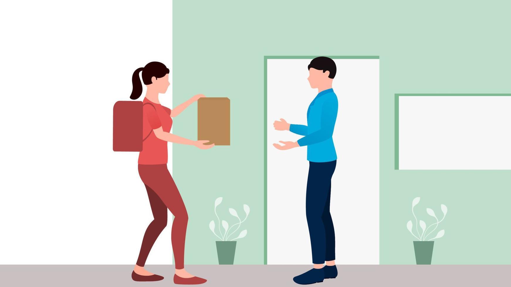 Women delivering package to customer, delivery business vector illustration on white background.