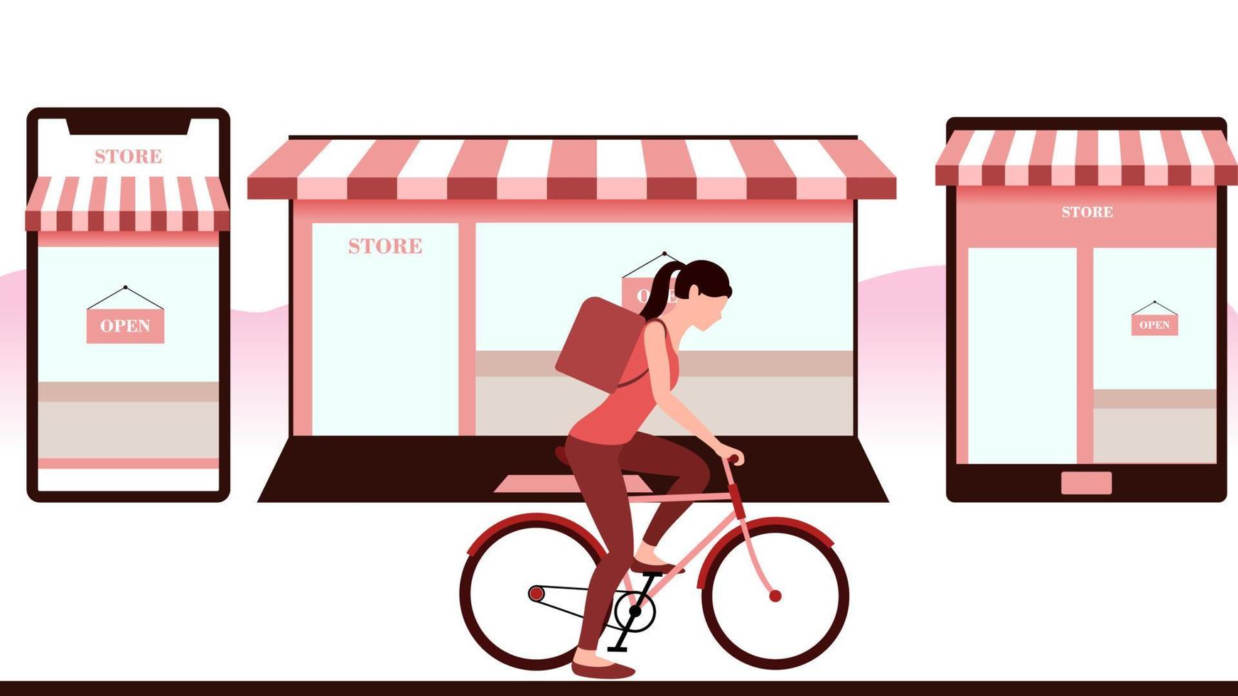 Woman with bicycle, store  created in objects like laptop mobile and tablet. delivery business vector illustration on white background.