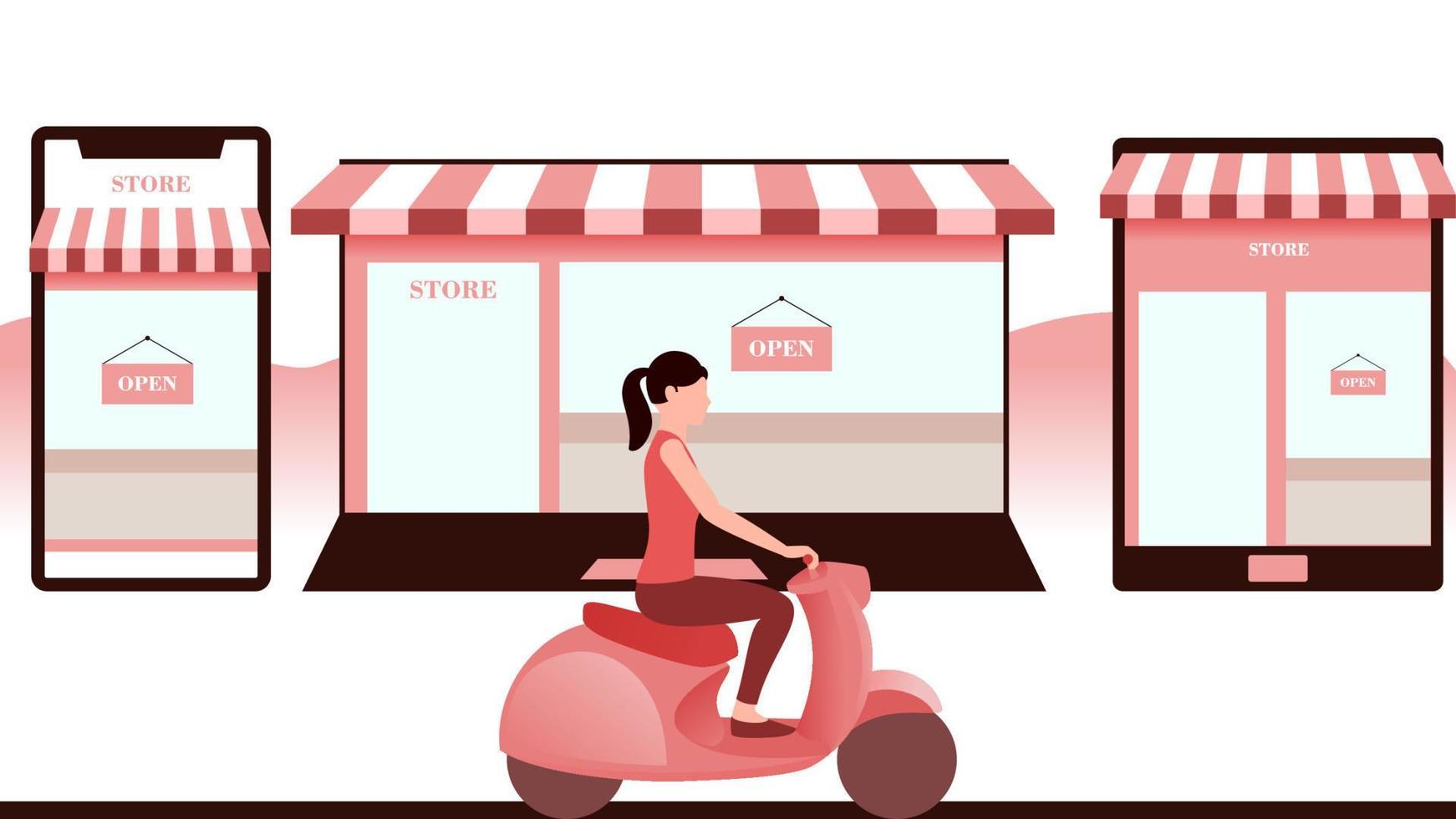 mujer con scooter, tienda creada en objetos como laptop móvil y tablet. Ilustración de vector de negocio de entrega sobre fondo blanco.