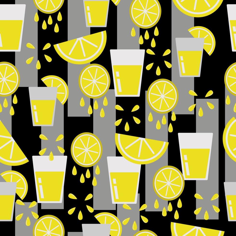 Lemon slices with glasses with juice seamless pattern, citrus splashes and geometric shapes on a black background vector