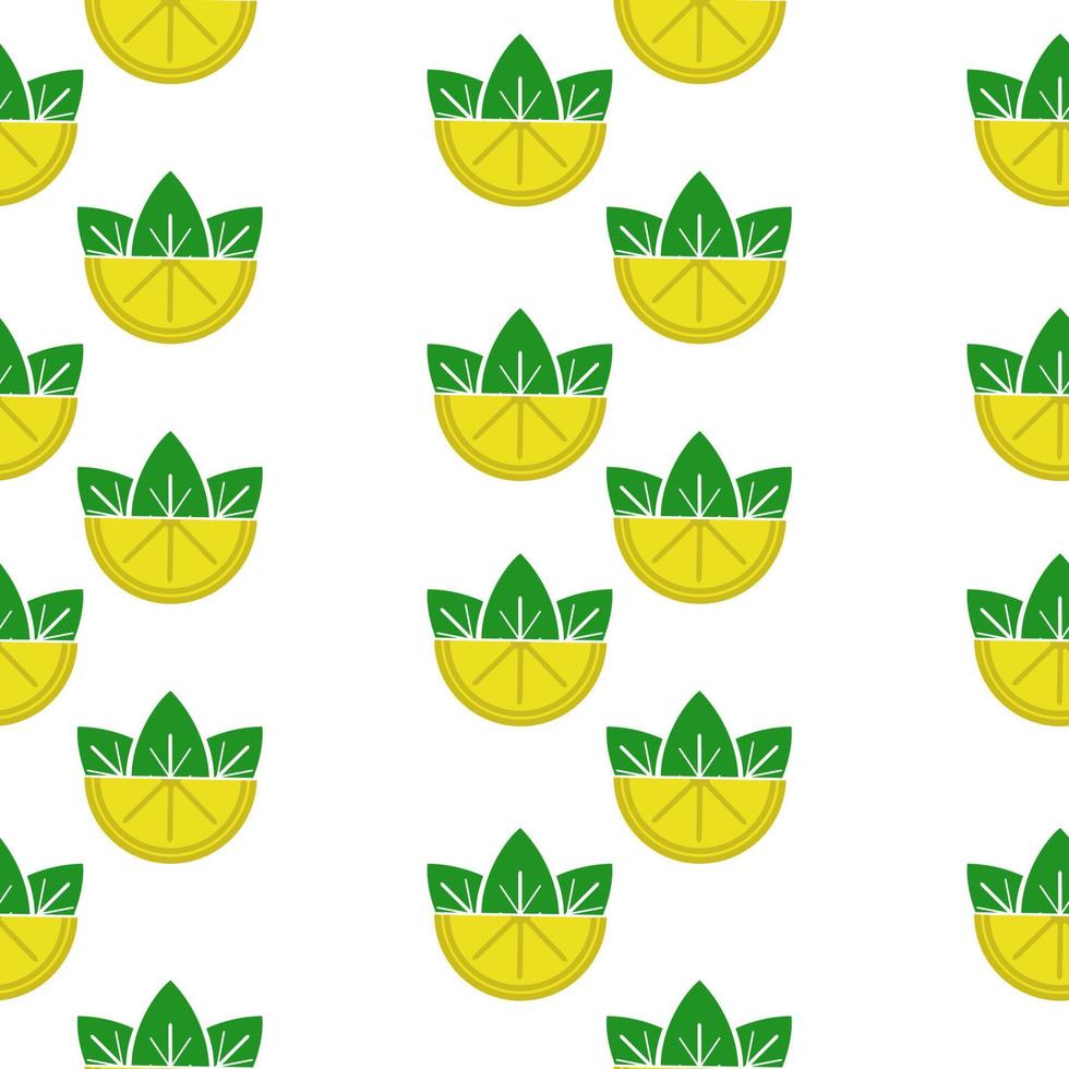 lemon halves and green leaves seamless pattern, yellow citruses in vertical rows on a white background vector