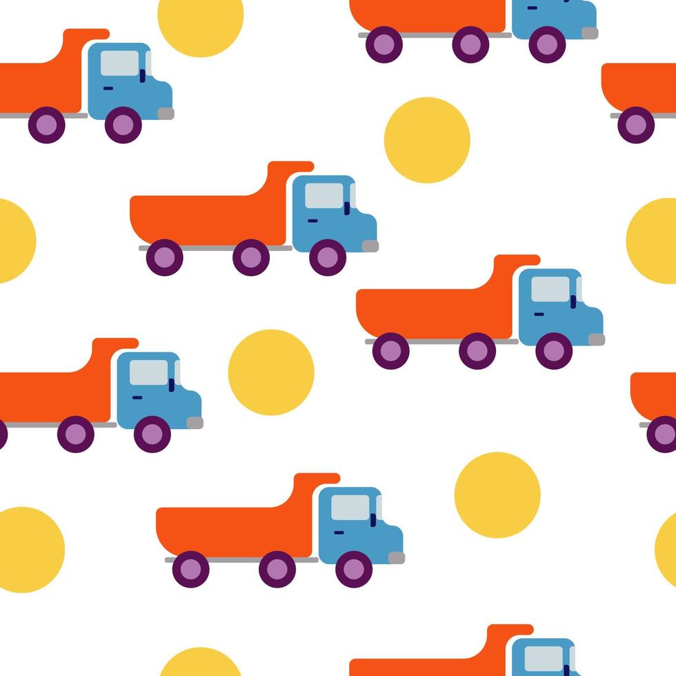 Dump truck in cartoon style seamless pattern, construction machinery and yellow circles on a white background vector