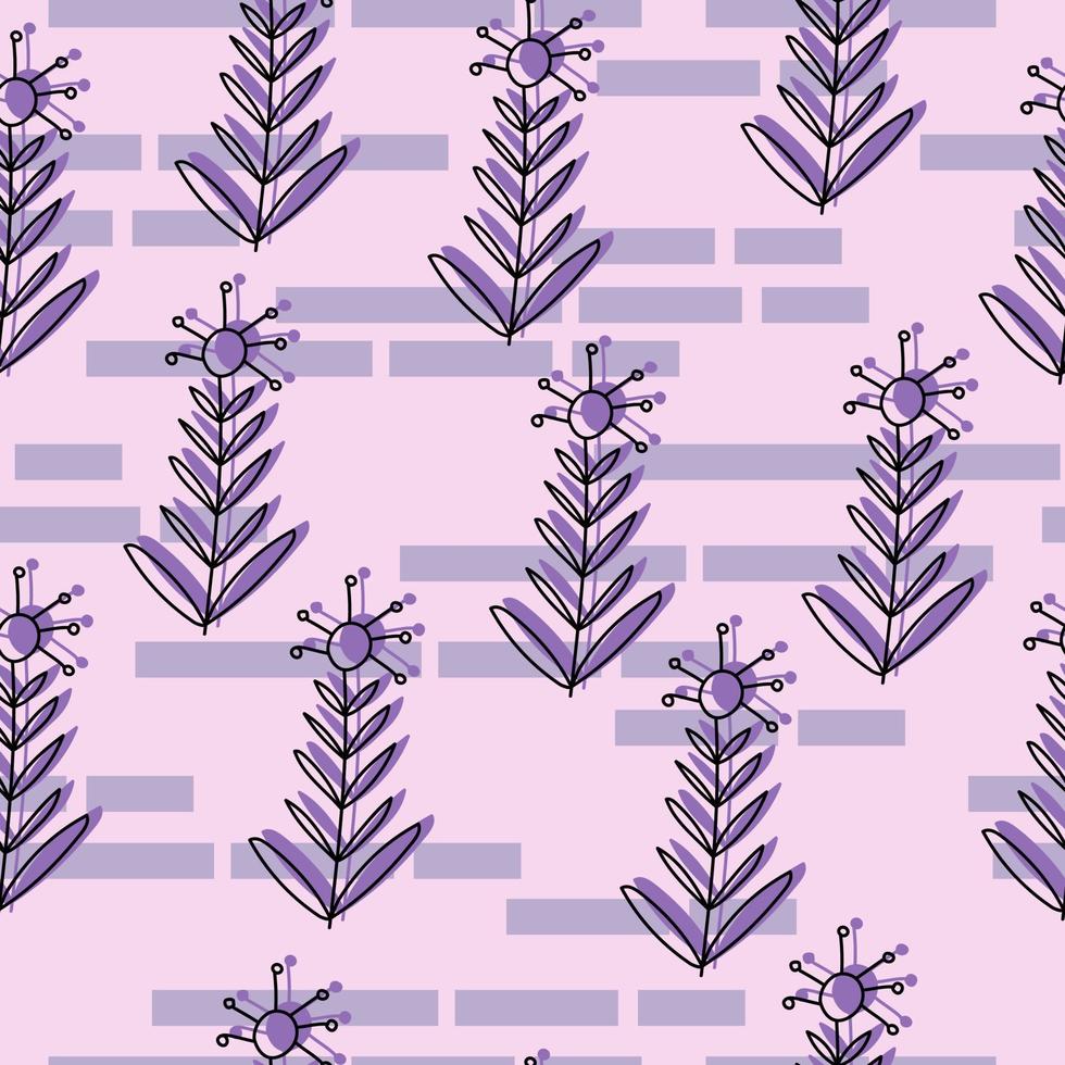 Contour doodle flowers seamless pattern with purple silhouette and rectangles on pink background vector