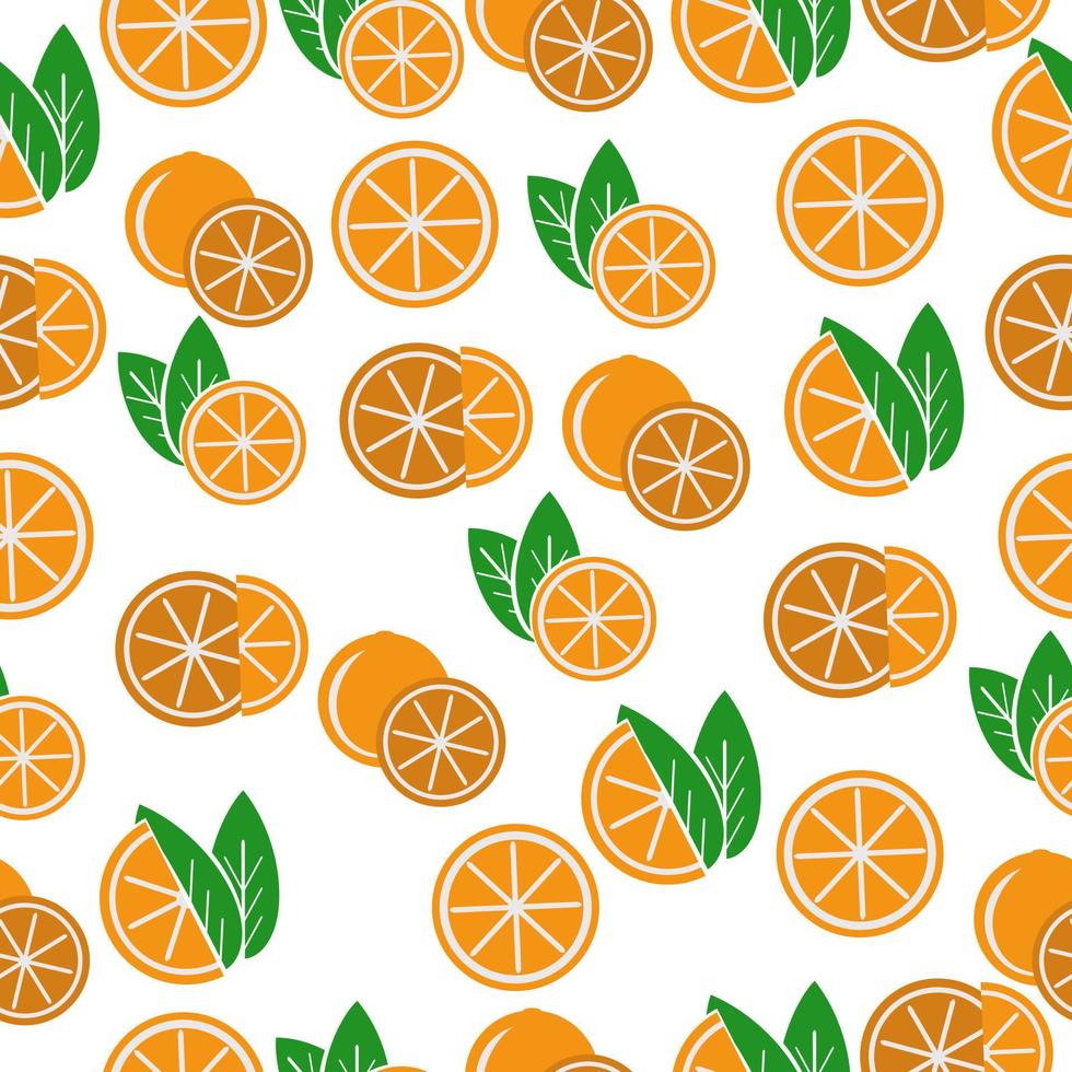 Juicy oranges seamless pattern, bright citrus fruits whole and halves with green leaves on a white background vector